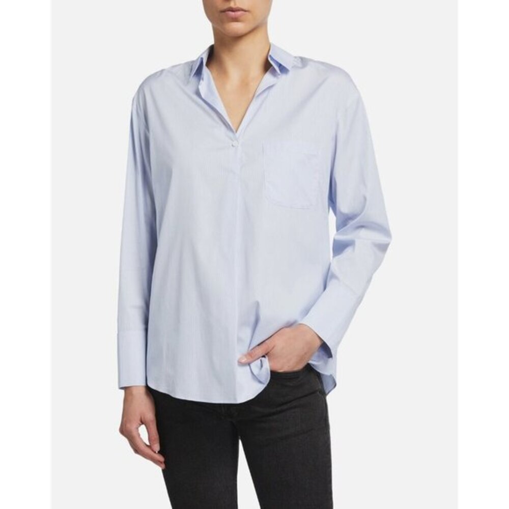 Harshman Blue Stripe Cotton Womens Popover Shirt W/ Pocket $192 Retail